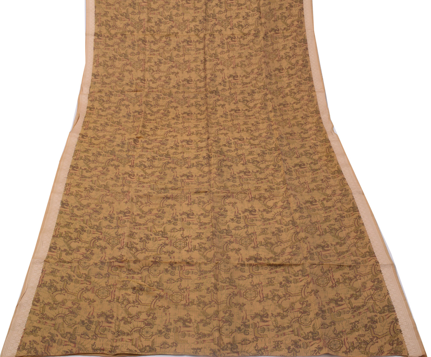 Sushila Vintage Green Saree 100% Pure Silk Printed Floral Soft Craft 5 YD Fabric