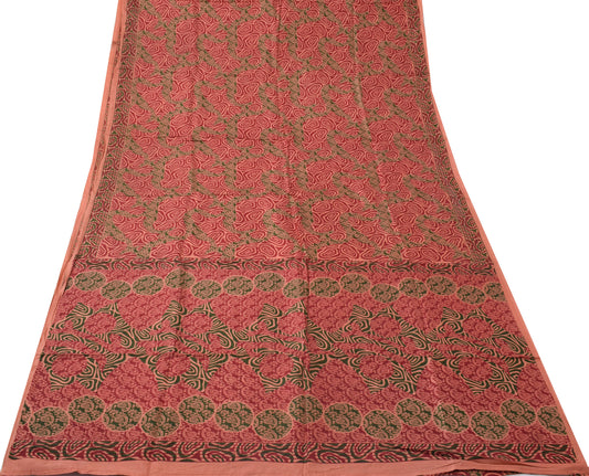 Sushila Vintage Peach Saree 100% Pure Silk Printed Paisley Soft Craft Fabric