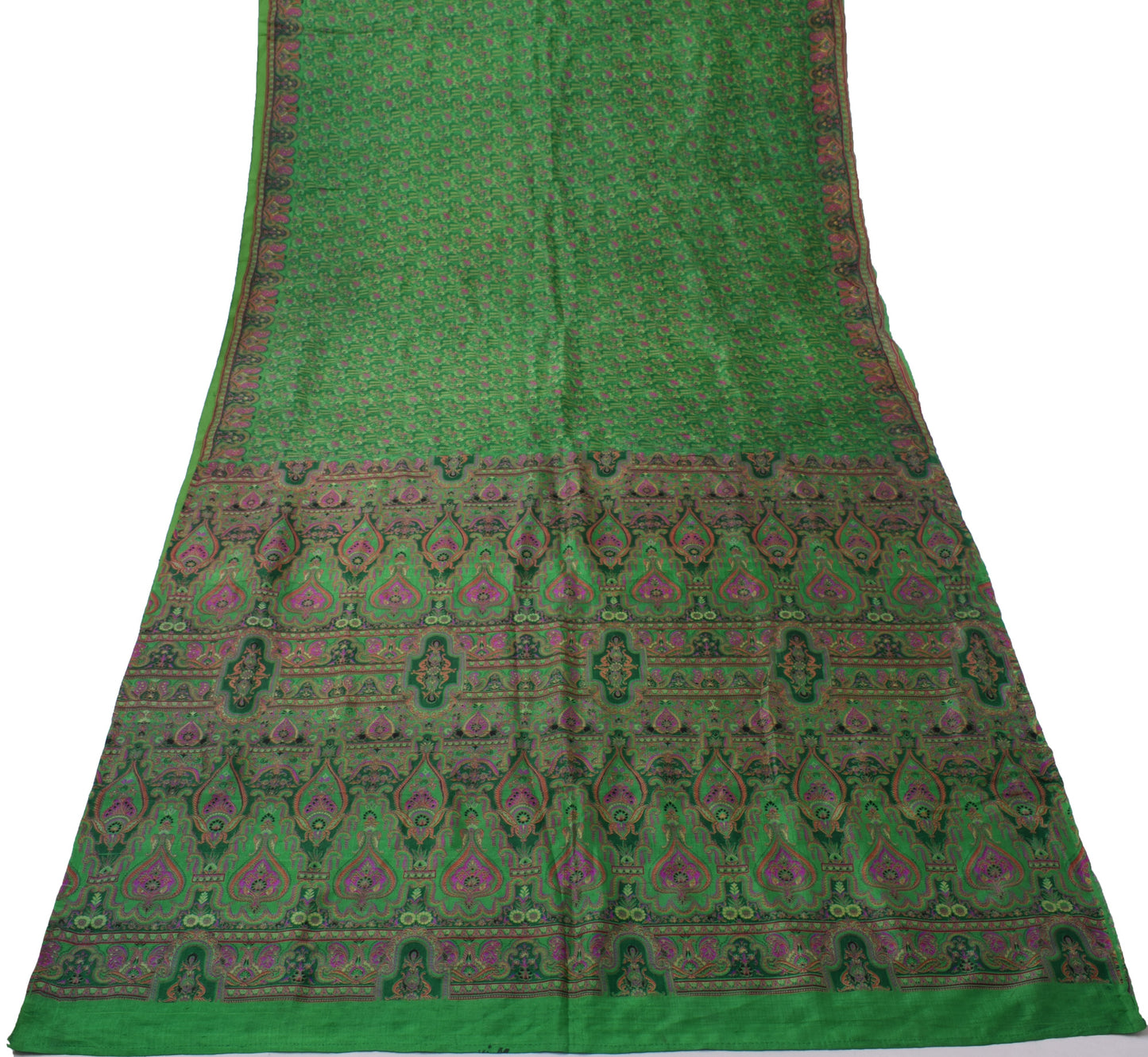 Sushila Vintage Green Saree 100% Pure Silk Printed Floral Soft Craft 5 YD Fabric
