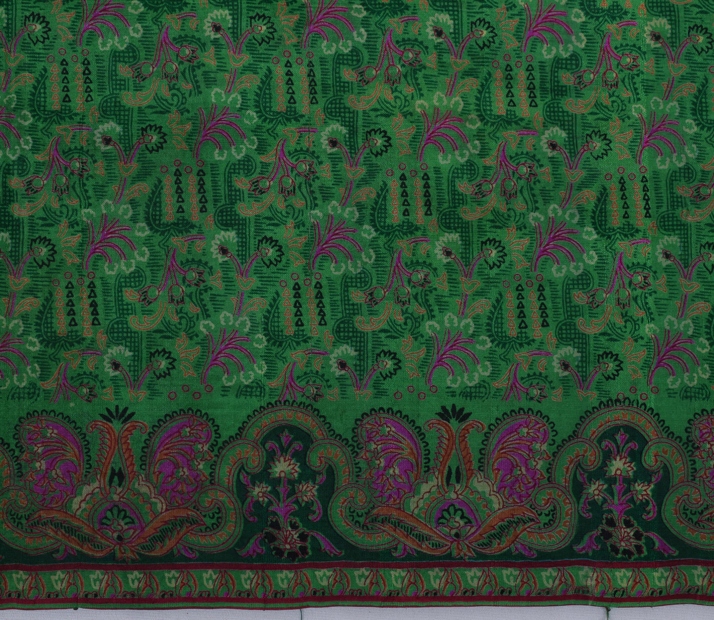 Sushila Vintage Green Saree 100% Pure Silk Printed Floral Soft Craft 5 YD Fabric