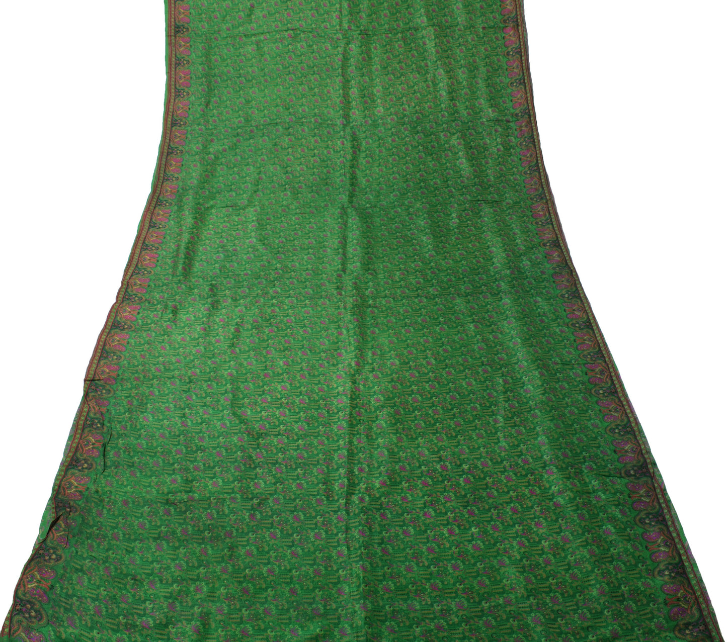 Sushila Vintage Green Saree 100% Pure Silk Printed Floral Soft Craft 5 YD Fabric