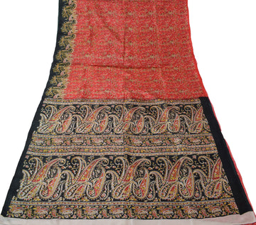Sushila Vintage Red Saree 100% Pure Silk Printed Floral Soft Craft 5 Yard Fabric