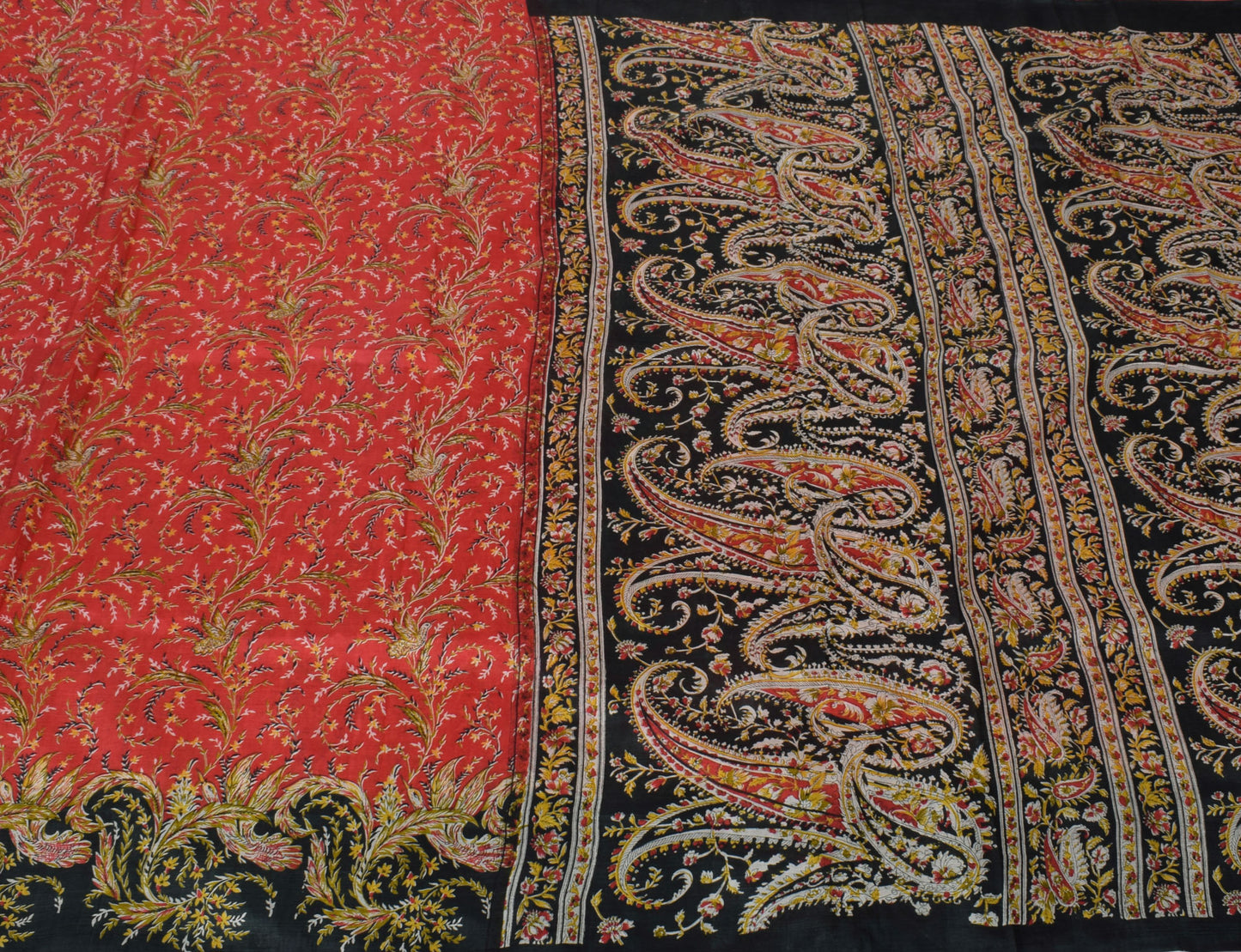 Sushila Vintage Red Saree 100% Pure Silk Printed Floral Soft Craft 5 Yard Fabric
