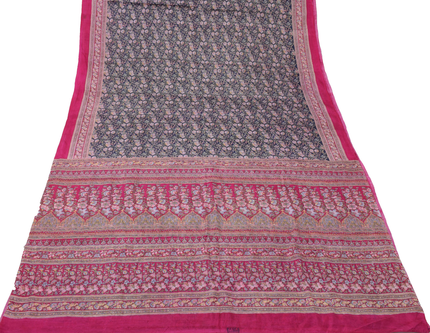 Sushila Vintage Blue Saree 100% Pure Silk Printed Floral Soft Craft Fabric