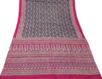 Sushila Vintage Blue Saree 100% Pure Silk Printed Floral Soft Craft Fabric
