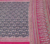 Sushila Vintage Blue Saree 100% Pure Silk Printed Floral Soft Craft Fabric