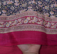 Sushila Vintage Blue Saree 100% Pure Silk Printed Floral Soft Craft Fabric