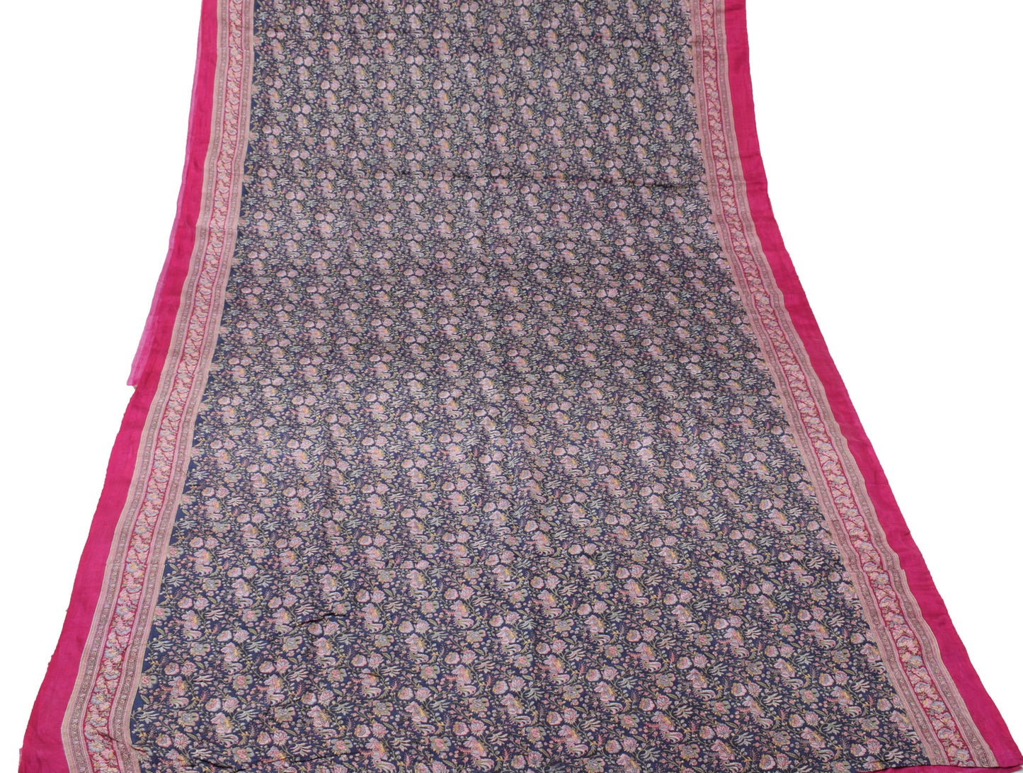 Sushila Vintage Blue Saree 100% Pure Silk Printed Floral Soft Craft Fabric