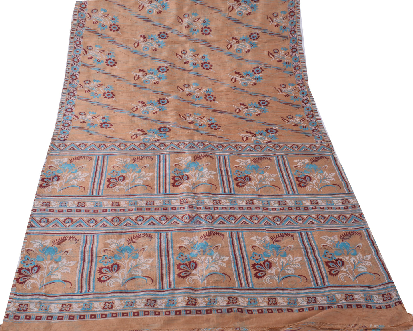 Sushila Vintage Brown Sari 100% Pure Silk Printed Floral 5 Yard Craft Fabric