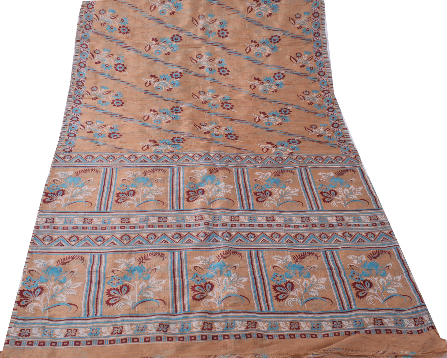 Sushila Vintage Brown Sari 100% Pure Silk Printed Floral 5 Yard Craft Fabric