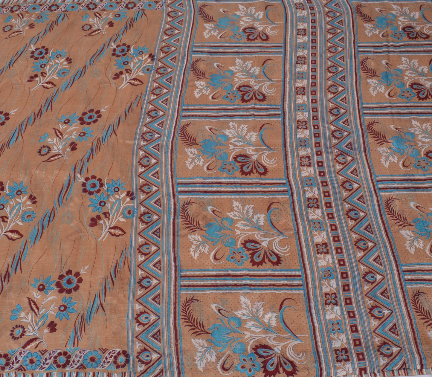Sushila Vintage Brown Sari 100% Pure Silk Printed Floral 5 Yard Craft Fabric