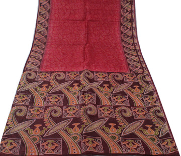 Sushila Vintage Red Saree 100% Pure Silk Printed Paisley Indian Craft Fabric
