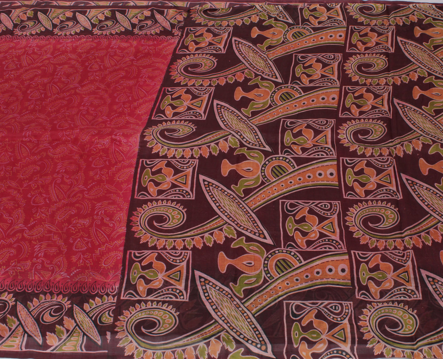 Sushila Vintage Red Saree 100% Pure Silk Printed Paisley Indian Craft Fabric