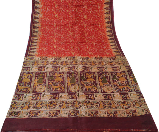Sushila Vintage Red Sari 100% Pure Silk Printed Human Soft 5 Yard Craft Fabric