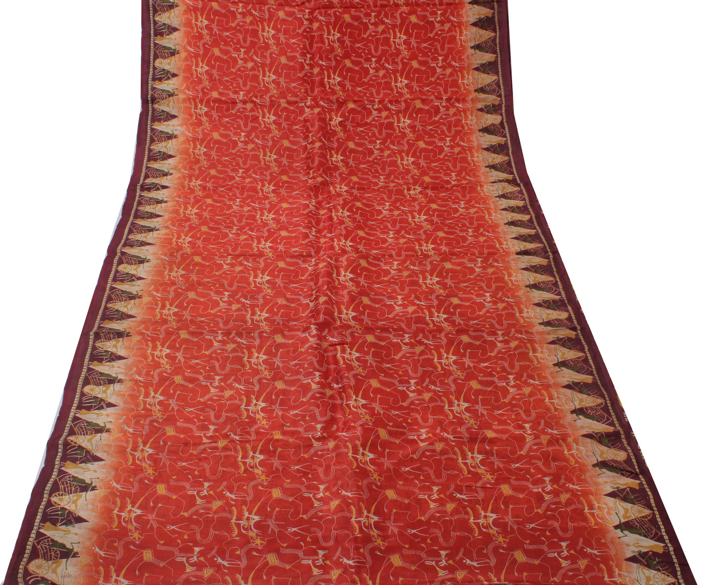 Sushila Vintage Red Sari 100% Pure Silk Printed Human Soft 5 Yard Craft Fabric