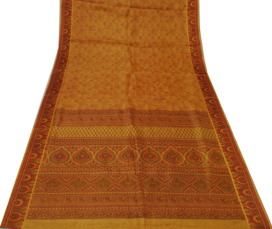 Sushila Vintage Mustard Saree 100% Pure Silk Printed Floral Soft Craft Fabric