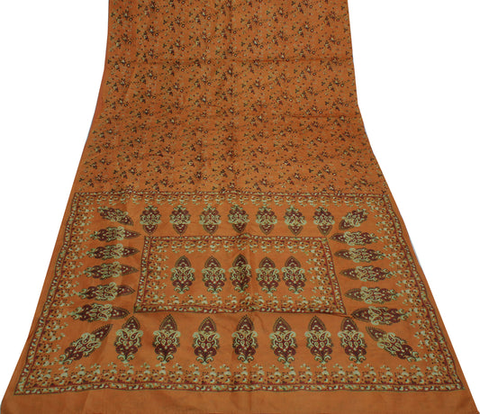 Sushila Vintage Brown Saree 100% Pure Silk Printed Floral Soft Craft Fabric
