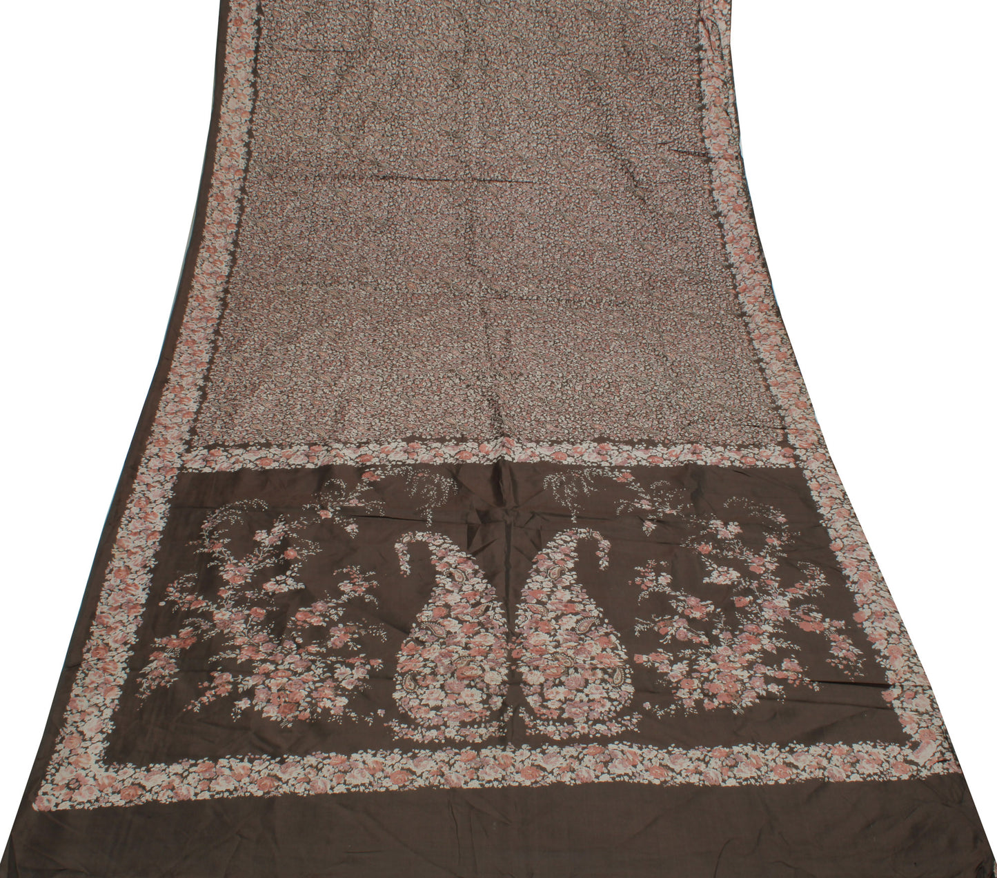 Sushila Vintage Brown Saree 100% Pure Silk Printed Floral Soft Craft Fabric