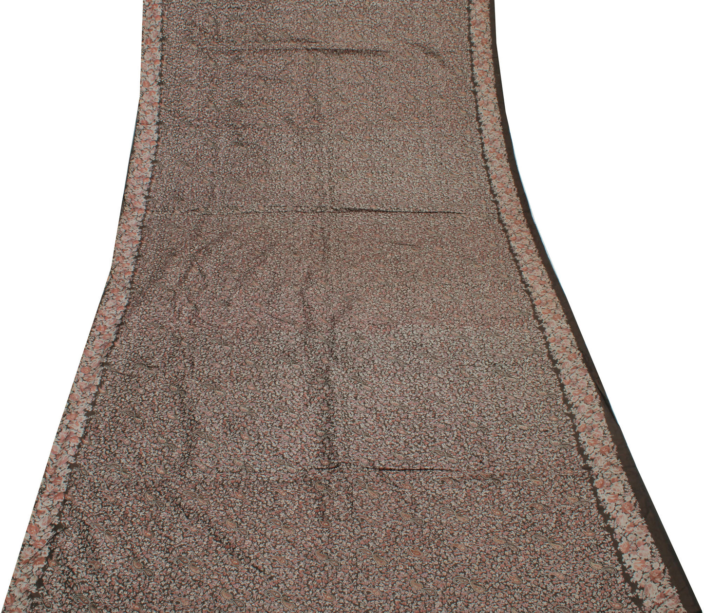 Sushila Vintage Brown Saree 100% Pure Silk Printed Floral Soft Craft Fabric