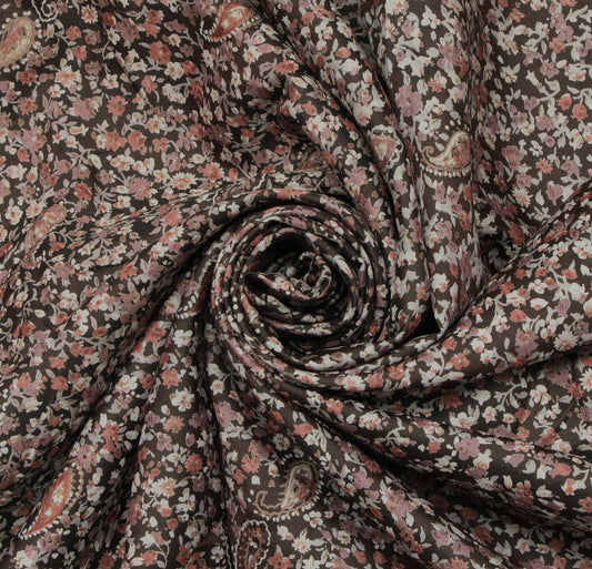 Sushila Vintage Brown Saree 100% Pure Silk Printed Floral Soft Craft Fabric