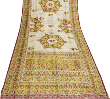 Sushila Vintage Cream Saree 100% Pure Silk Printed Floral Soft Craft Sari Fabric