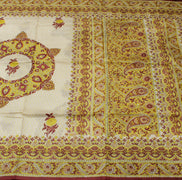 Sushila Vintage Cream Saree 100% Pure Silk Printed Floral Soft Craft Sari Fabric