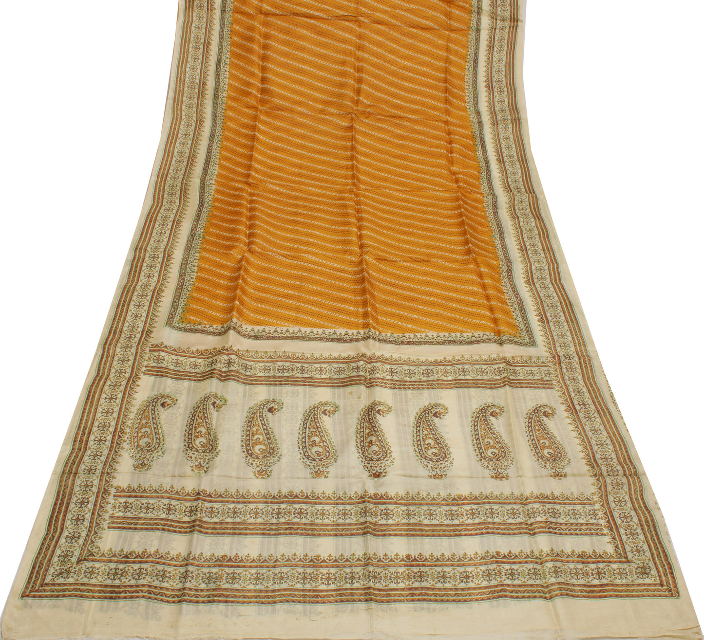 Sushila Vintage Mustard Saree 100% Pure Silk Printed Indian Soft Craft Fabric