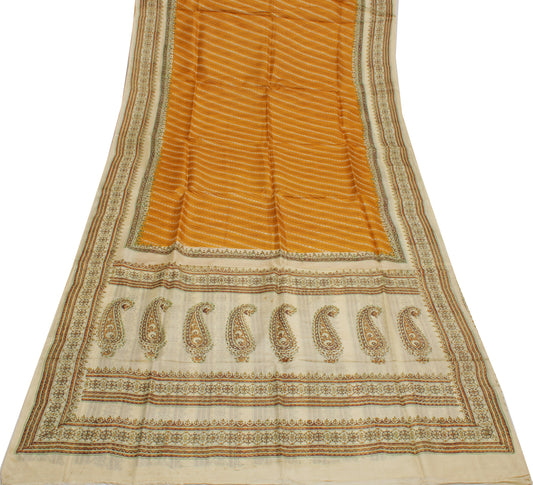 Sushila Vintage Mustard Saree 100% Pure Silk Printed Indian Soft Craft Fabric