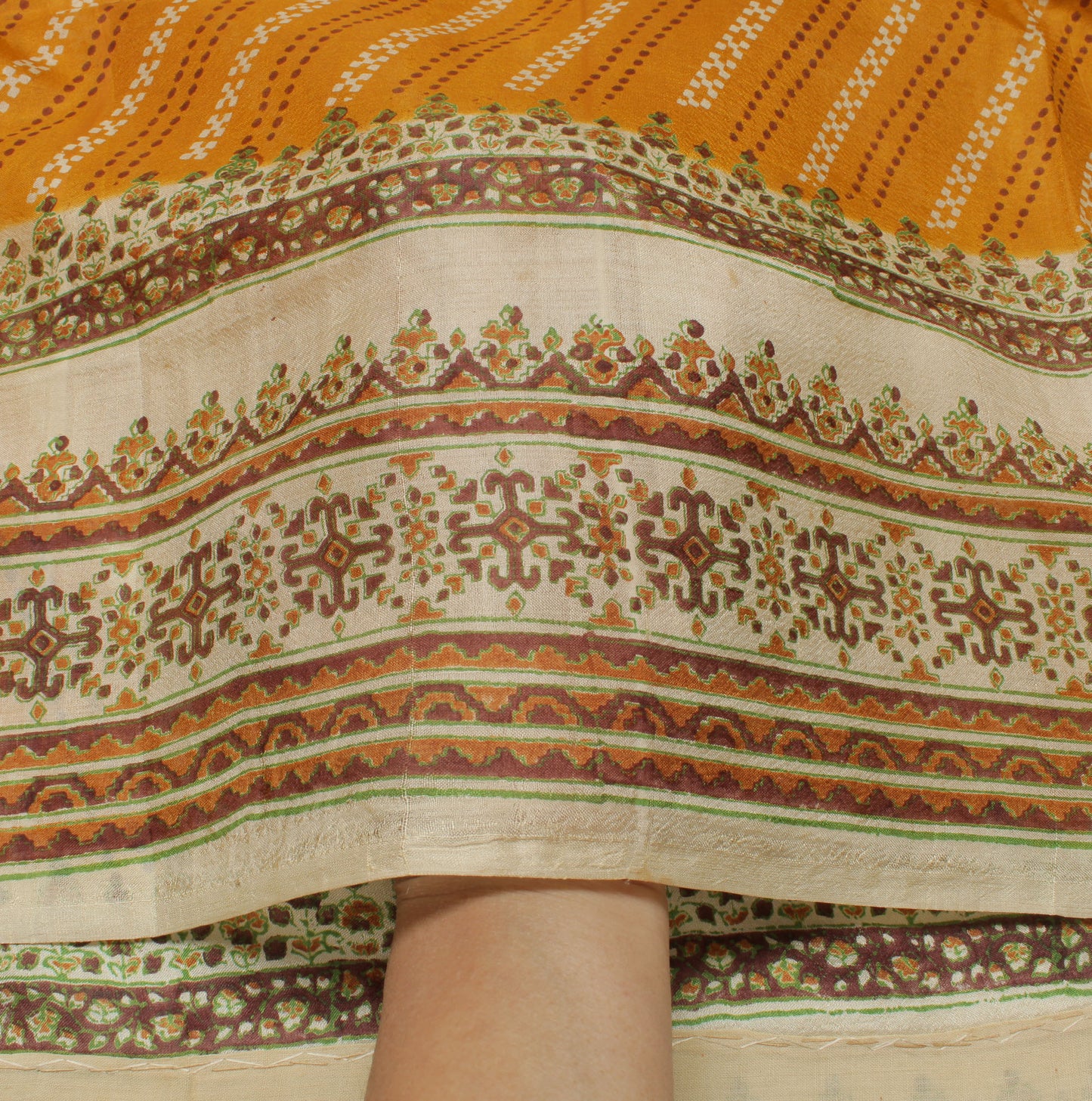 Sushila Vintage Mustard Saree 100% Pure Silk Printed Indian Soft Craft Fabric