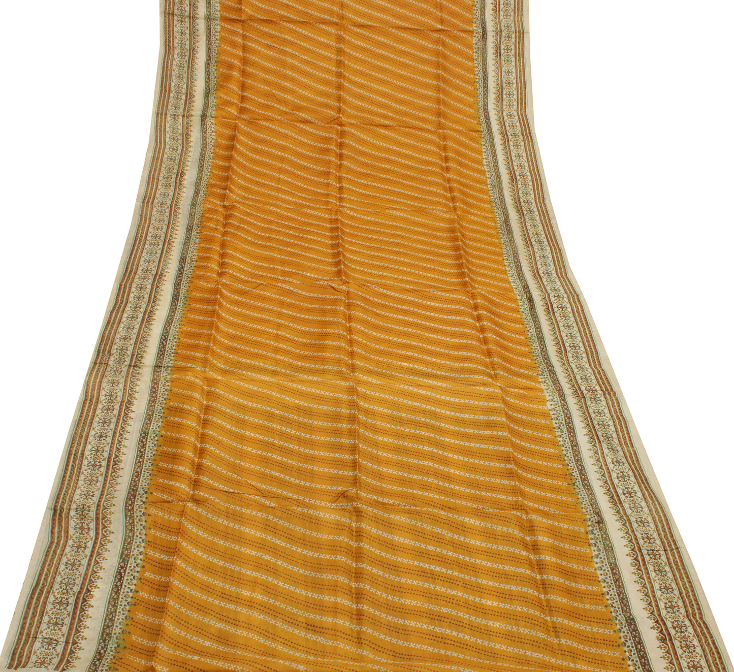 Sushila Vintage Mustard Saree 100% Pure Silk Printed Indian Soft Craft Fabric