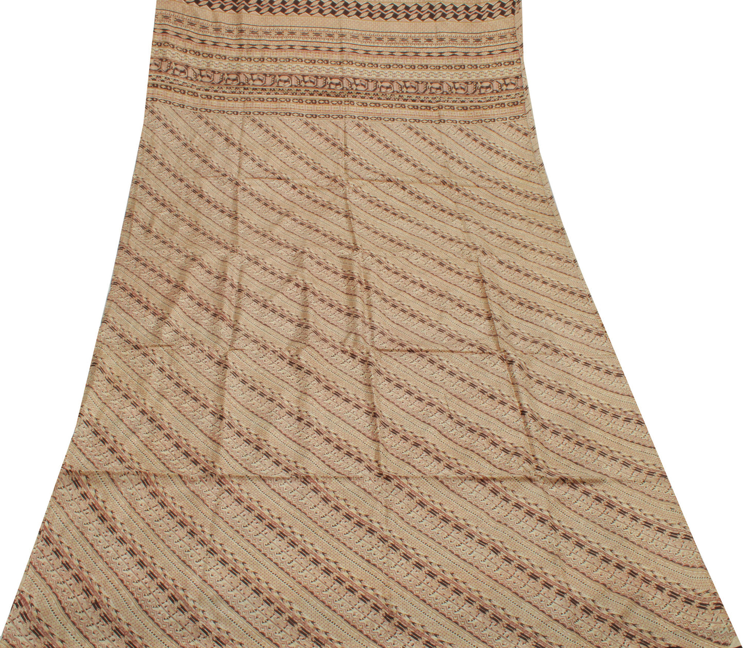 Sushila Vintage Cream Saree 100% Pure Silk Printed Indian Soft Craft Sari Fabric
