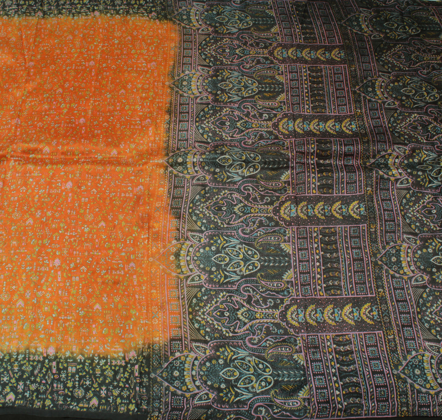 Sushila Vintage Orange Saree 100% Pure Silk Printed Abstract 5 Yard Craft Fabric