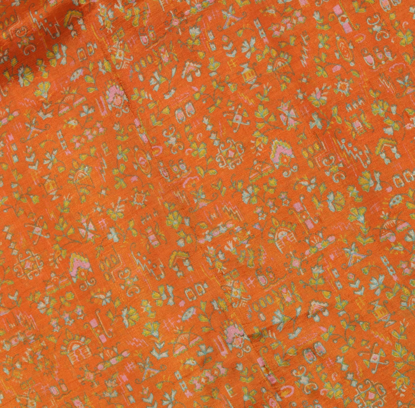 Sushila Vintage Orange Saree 100% Pure Silk Printed Abstract 5 Yard Craft Fabric