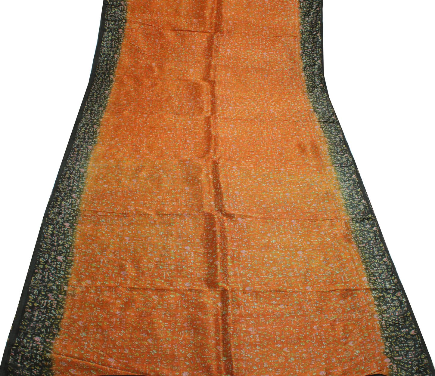 Sushila Vintage Orange Saree 100% Pure Silk Printed Abstract 5 Yard Craft Fabric