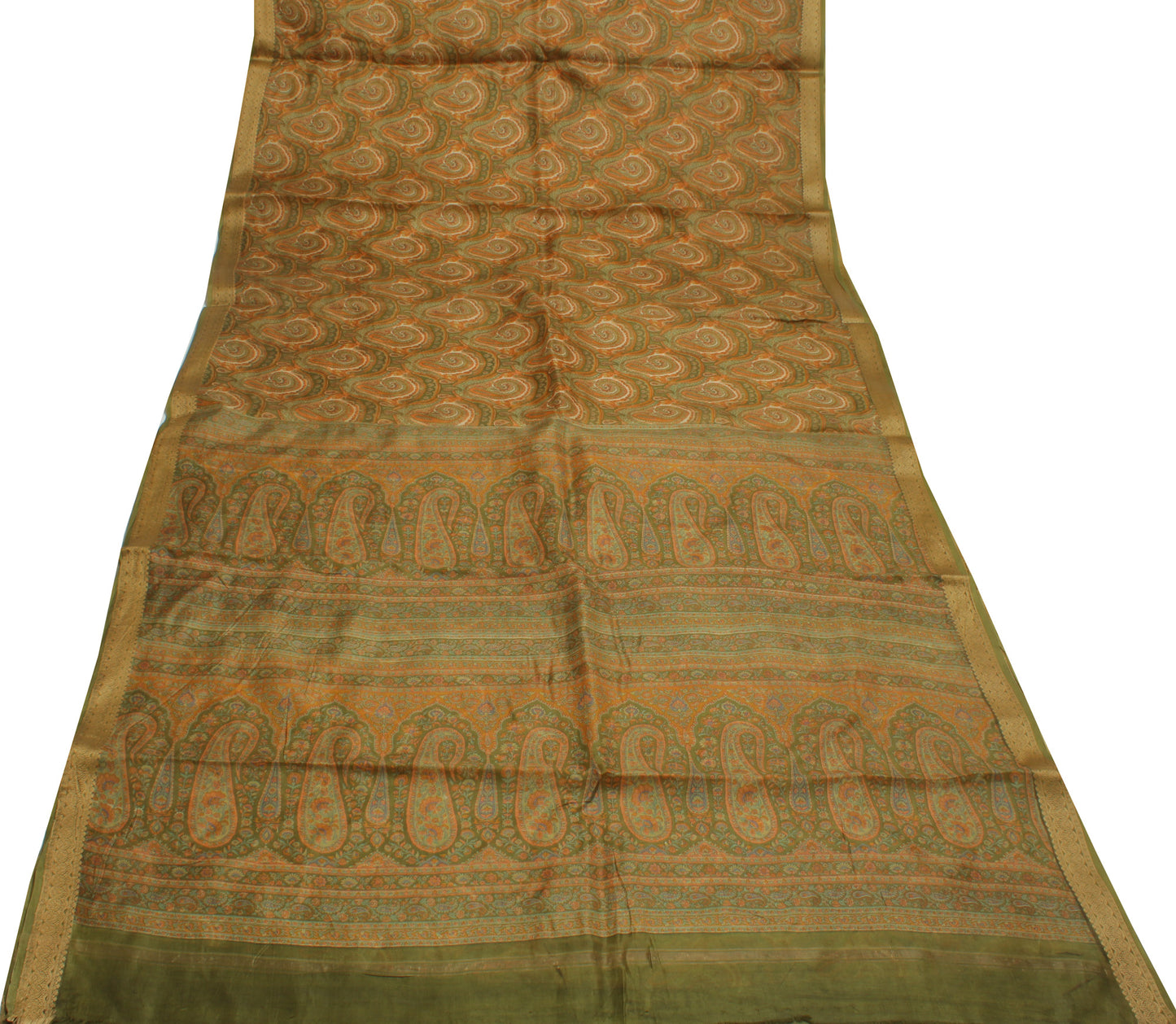 Sushila Vintage Green Saree 100% Pure Silk Printed Paisley Soft Craft Fabric