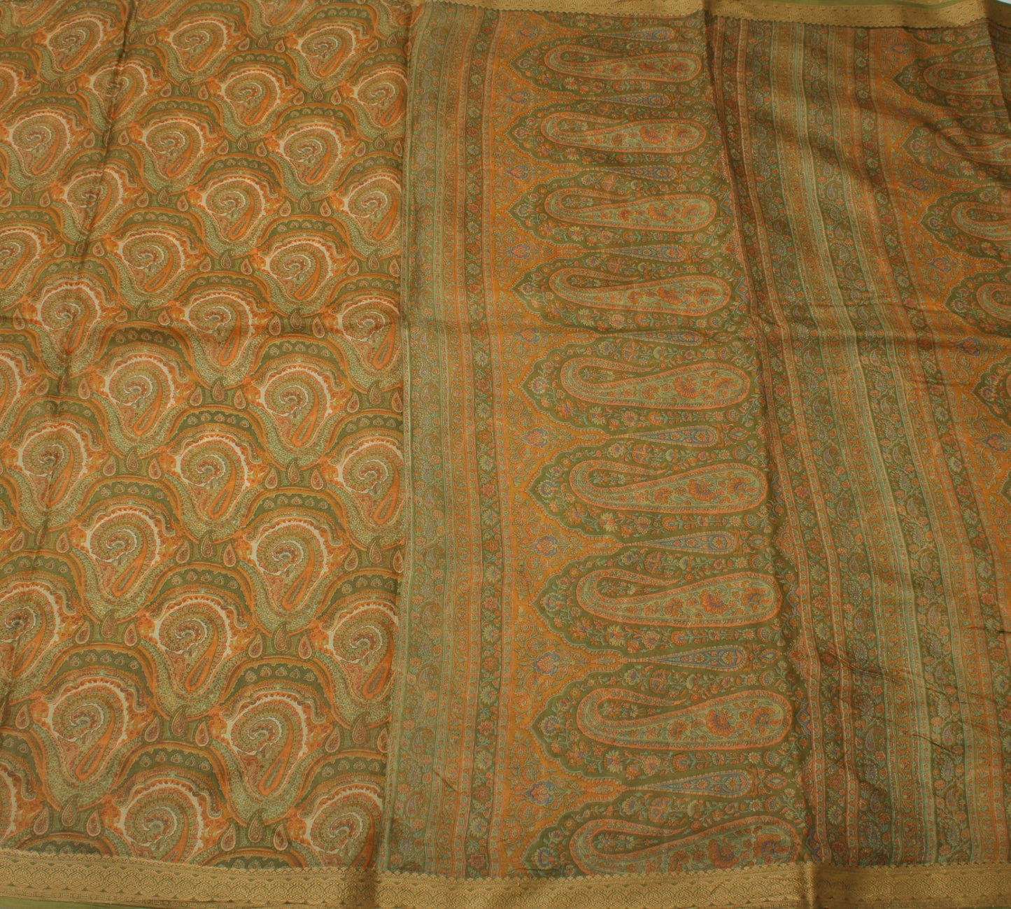 Sushila Vintage Green Saree 100% Pure Silk Printed Paisley Soft Craft Fabric