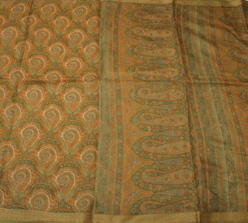 Sushila Vintage Green Saree 100% Pure Silk Printed Paisley Soft Craft Fabric