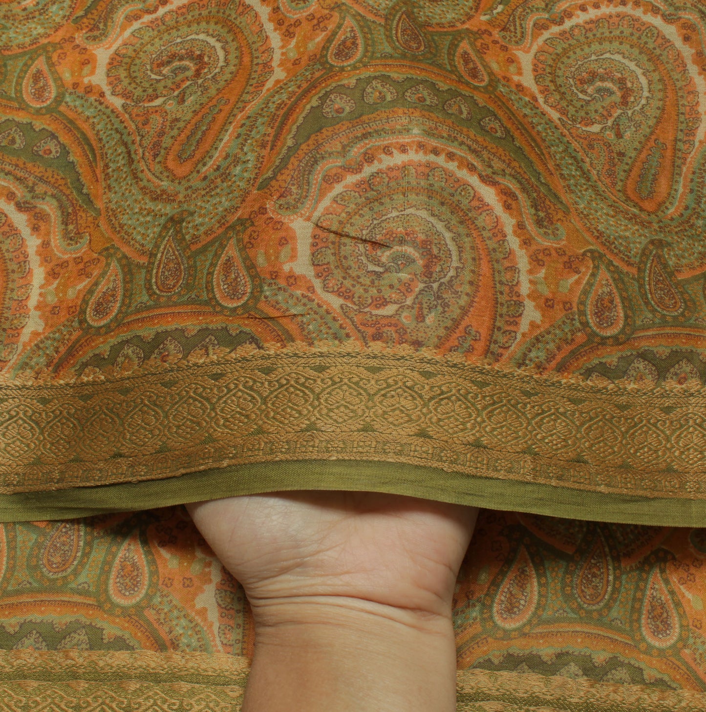 Sushila Vintage Green Saree 100% Pure Silk Printed Paisley Soft Craft Fabric