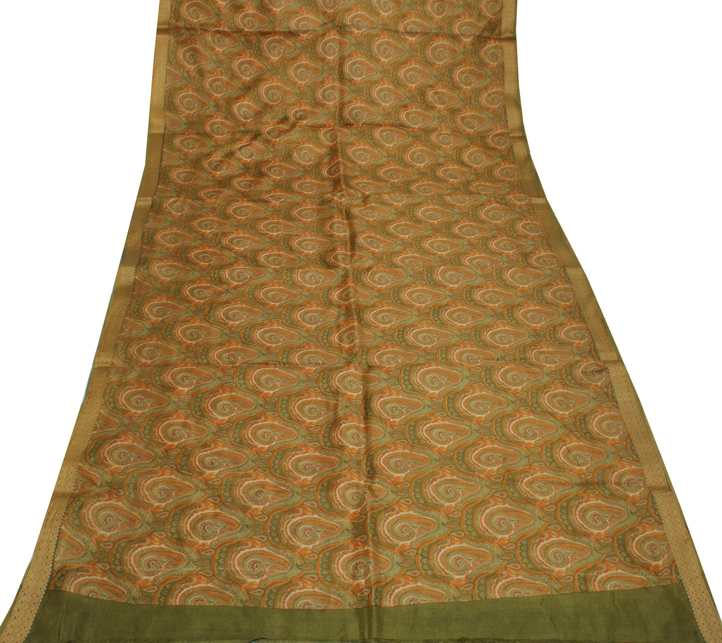 Sushila Vintage Green Saree 100% Pure Silk Printed Paisley Soft Craft Fabric