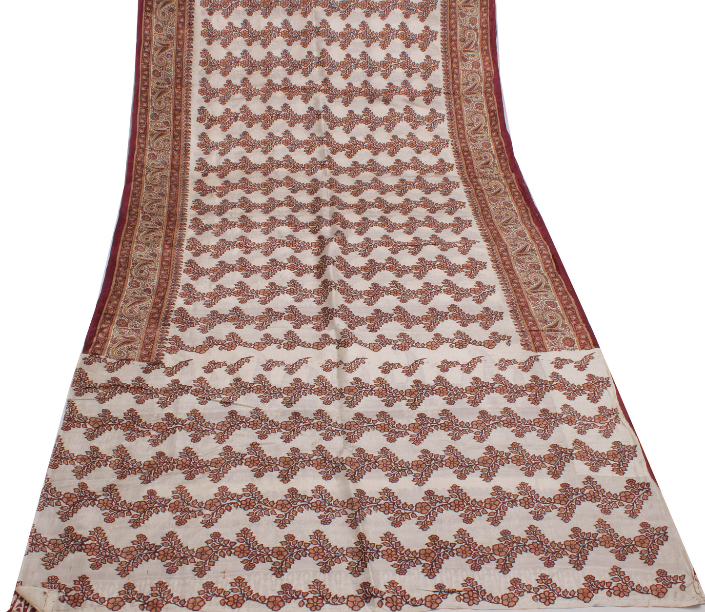 Sushila Vintage Cream Saree 100% Pure Silk Printed Floral Soft Craft Fabric