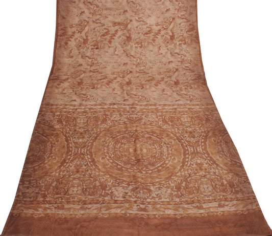 Sushila Vintage Brown Saree 100% Pure Silk Printed Floral Soft Craft Fabric