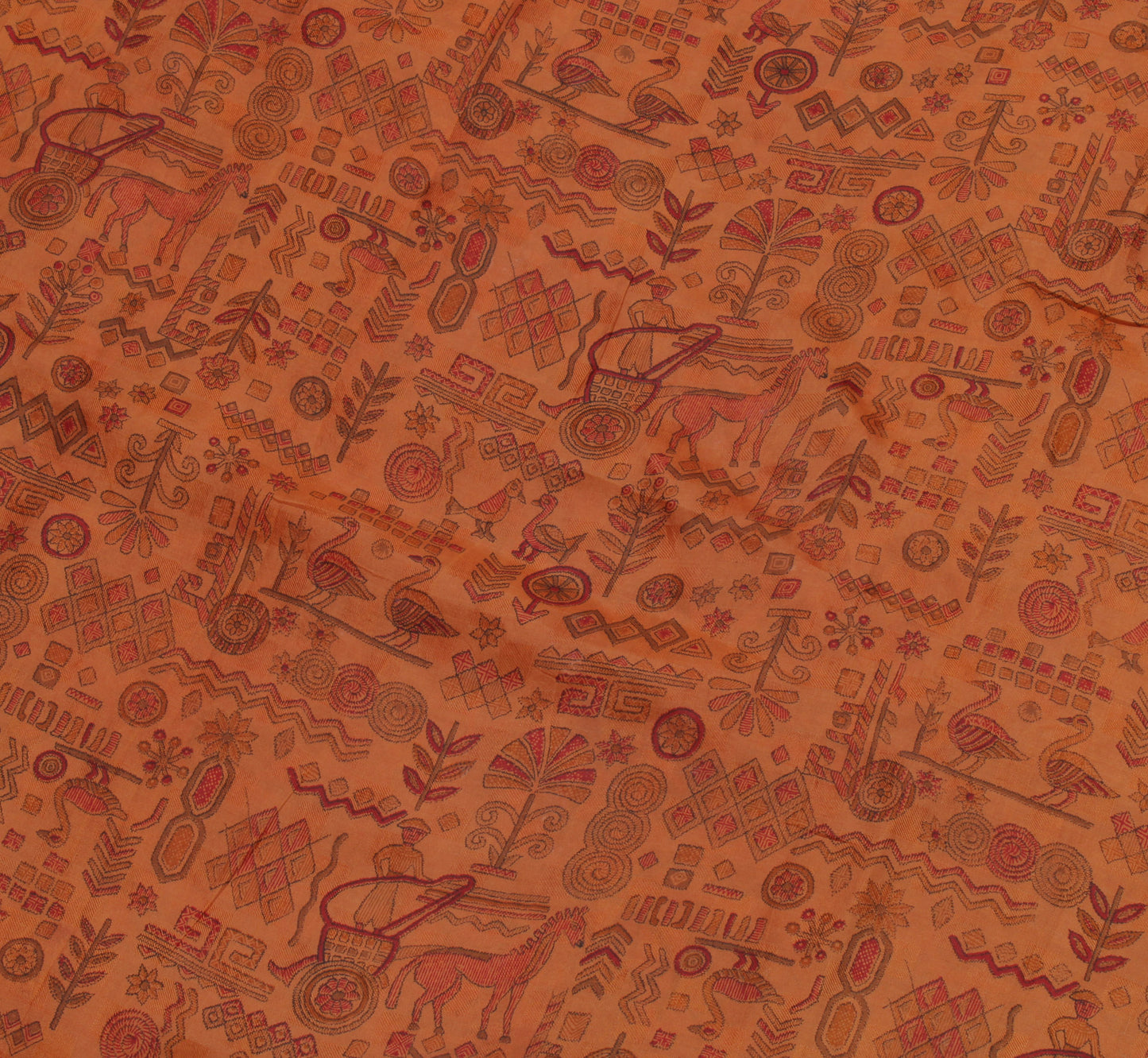 Sushila Vintage Brown Saree 100% Pure Silk Printed Animals & Human Craft Fabric