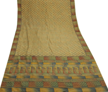 Sushila Vintage Cream Saree 100% Pure Silk Printed Floral Soft Craft Fabric
