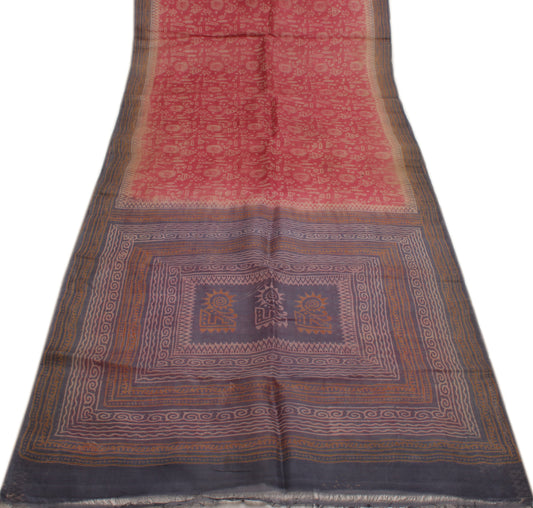 Sushila Vintage Peach Indian Saree 100% Pure Silk Printed Soft Sari Craft Fabric