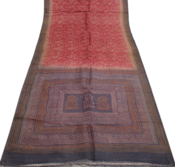 Sushila Vintage Peach Indian Saree 100% Pure Silk Printed Soft Sari Craft Fabric
