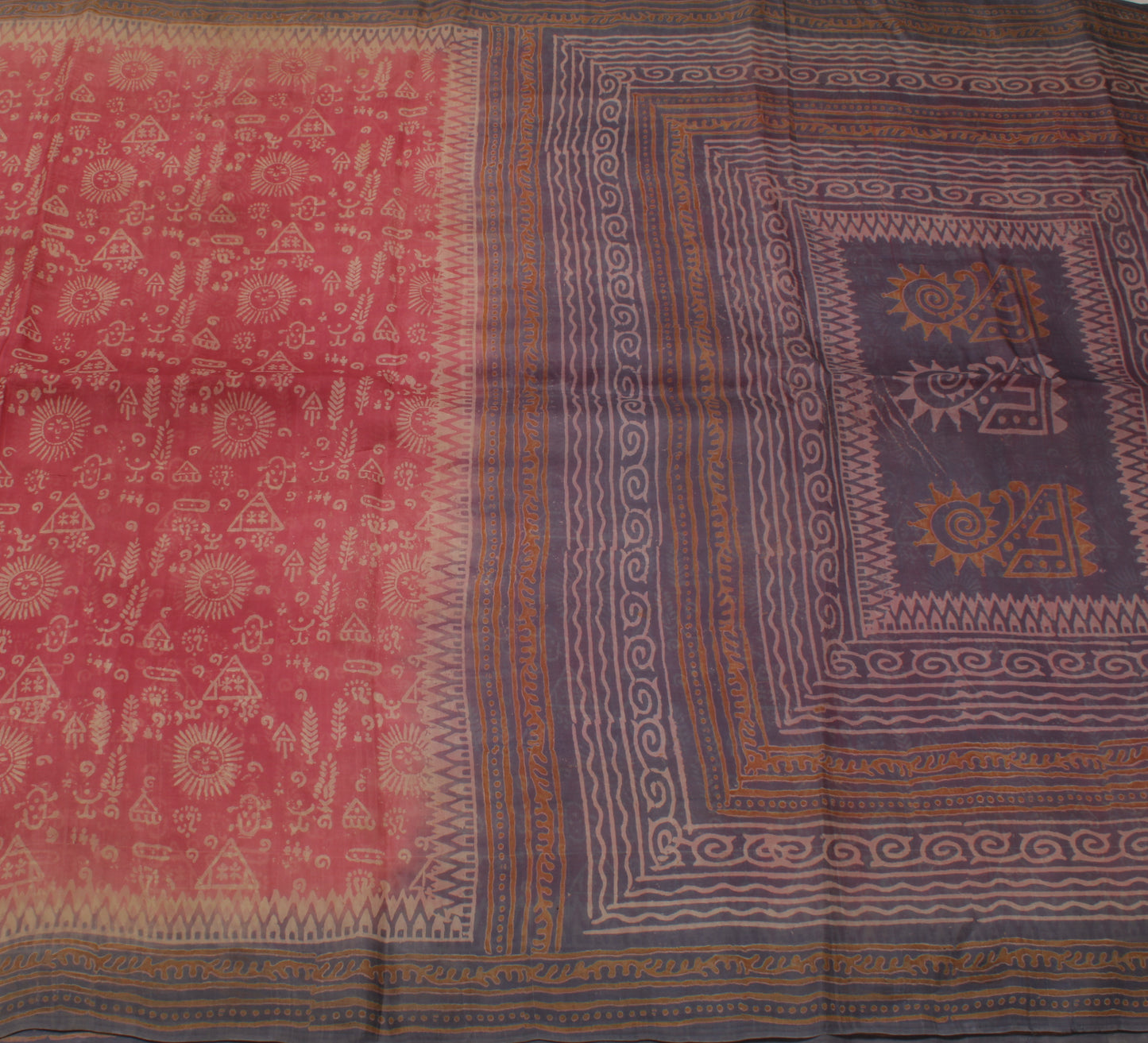 Sushila Vintage Peach Indian Saree 100% Pure Silk Printed Soft Sari Craft Fabric