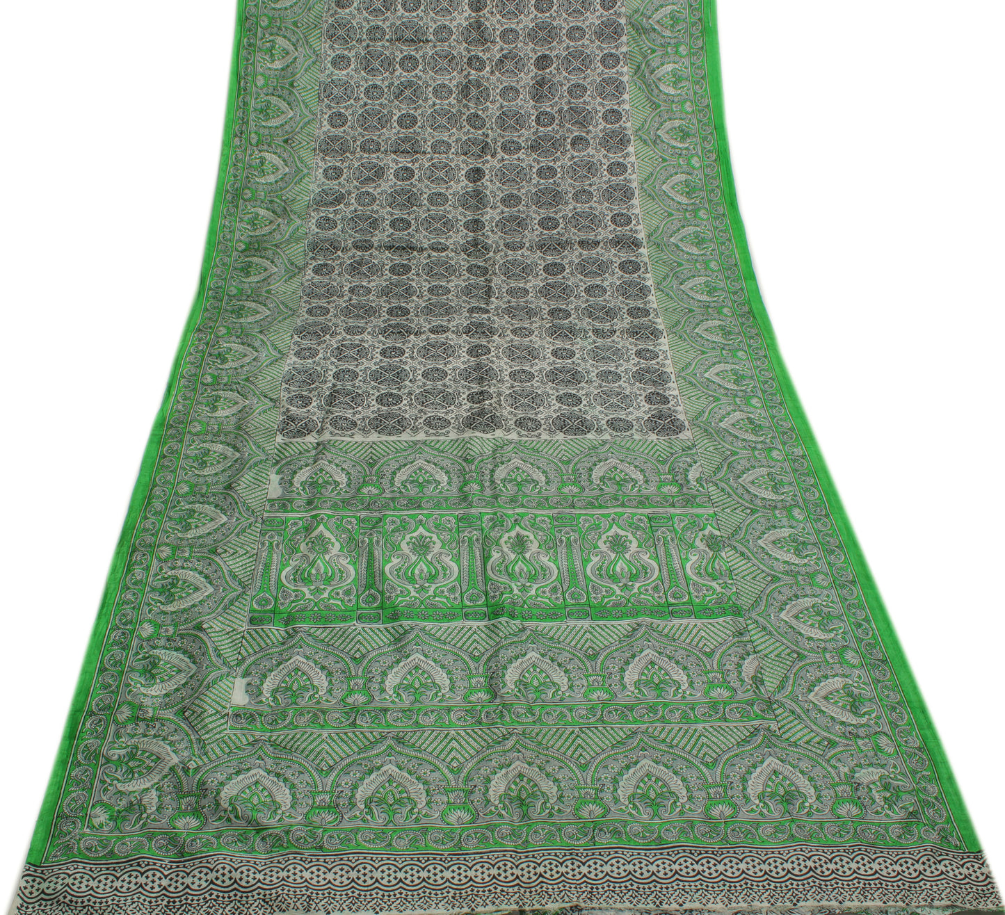 Sushila Vintage White Saree 100% Pure Silk Printed Floral Soft Craft Fabric