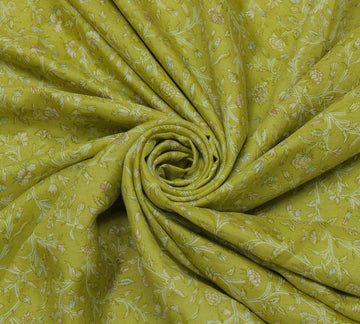 Sushila Vintage Green Saree 100% Pure Silk Printed Floral Soft 5 YD Craft Fabric