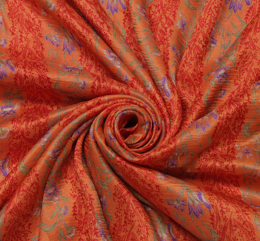 Sushila Vintage Peach Saree 100% Pure Silk Printed Floral Soft Sari Craft Fabric