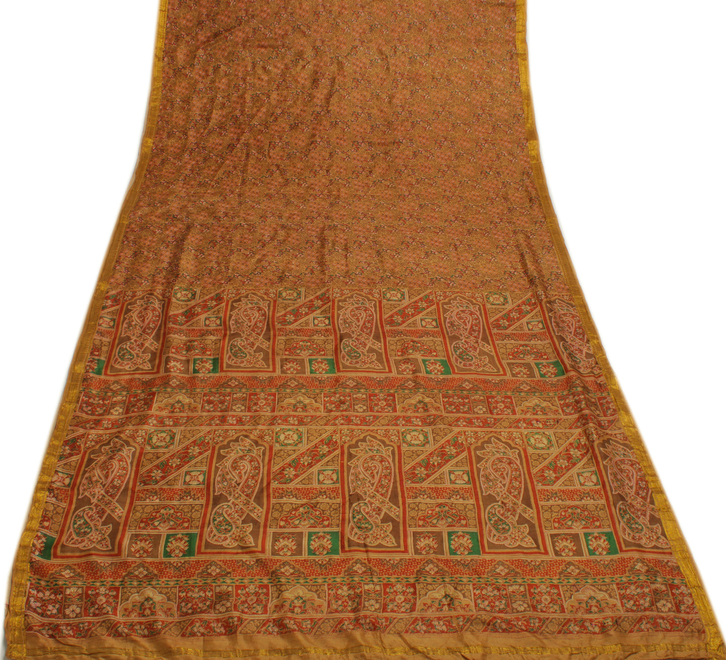 Sushila Vintage Brown Saree 100% Pure Silk Printed Floral Soft Sari Craft Fabric